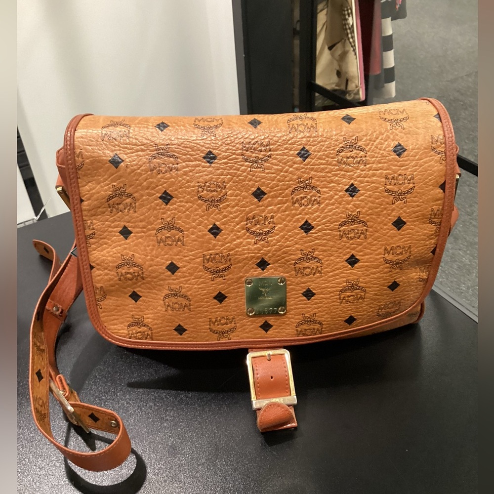 Pre Owned MCM Leather Messenger with gold front buckle Designer Bag